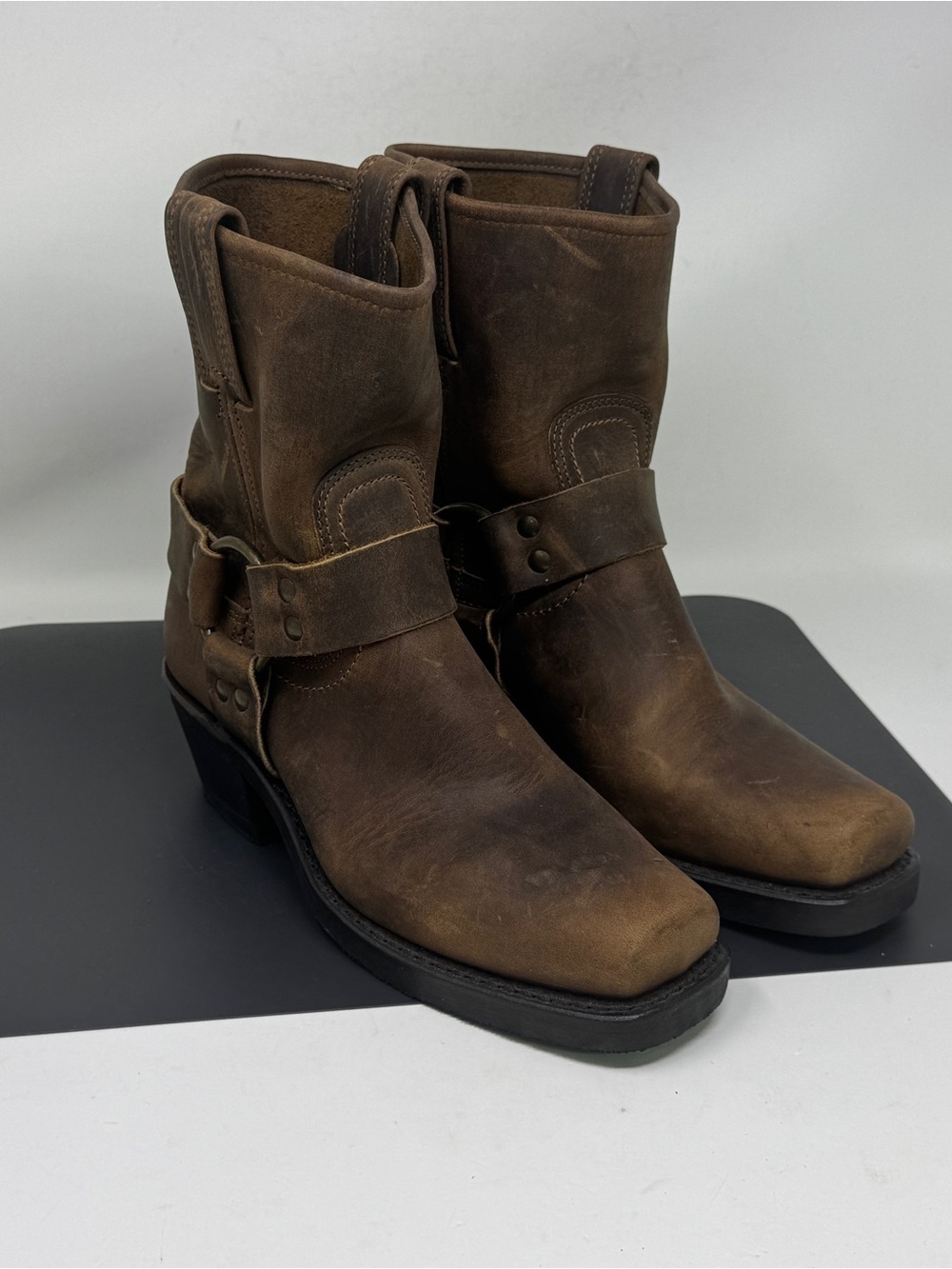 Vintage Frye Harness Boots Womens Size 6 M Brown Leather Square Toe Moto USA
